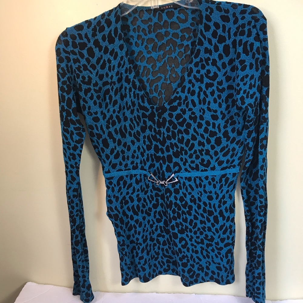 Cyrus Leopard Sheer V-Neck Sweater Top Pullover Belt Buckle Stretch Animal Print